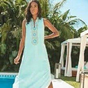 Lilly Pulitzer Jane Maxi Dress Whisper Blue Embroidered Gold 10